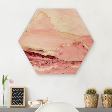 Obraz heksagonalny z drewna - Abstrakcyjne góry różowe ze złotymi liniami