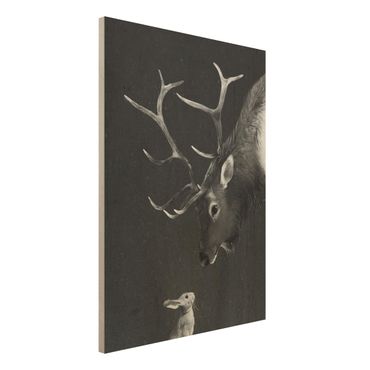Obraz z drewna - Ilustracja Jeleń i zając Czarno-biały obraz