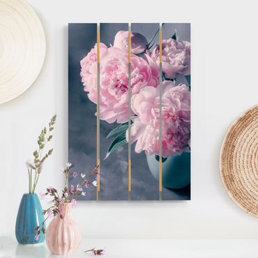 Obraz z drewna - Wazon z różowymi peoniami Shabby