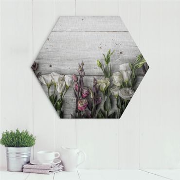 Obraz heksagonalny z Alu-Dibond - Tulipanowa róża Shabby Wood Look