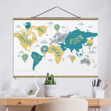 Plakat z wieszakiem - Mapa świata z balonem na ogrzane powietrze