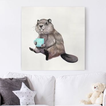 Obraz na płótnie - Ilustracja przedstawiająca bobra z filiżanką kawy