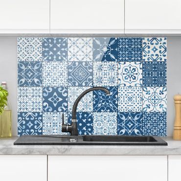 Panel szklany do kuchni - Wzór płytek Mix niebiesko-biały