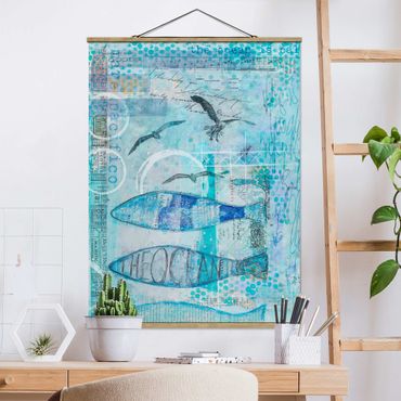 Plakat z wieszakiem - Kolorowy kolaż - Niebieskie rybki