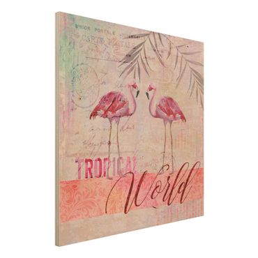 Obraz z drewna - Kolaż w stylu vintage - Flamingi w tropikalnym świecie