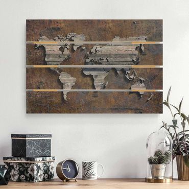 Obraz z drewna - Mapa świata z rdzą drewna