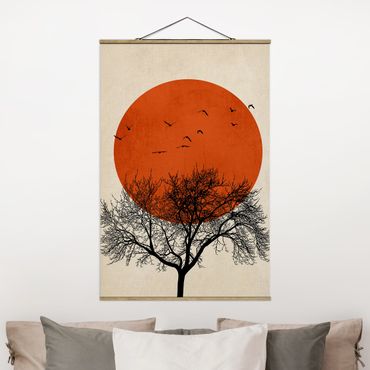 Plakat z wieszakiem - Stado ptaków na tle czerwonego słońca II