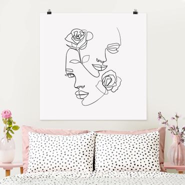 Plakat - Line Art Twarze kobiet Róże czarno-biały