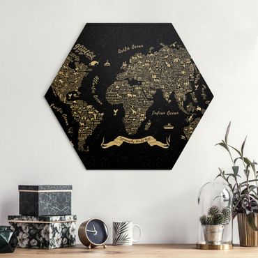 Obraz heksagonalny z Alu-Dibond - Typografia mapa świata czarna