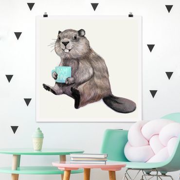 Plakat - Ilustracja przedstawiająca bobra z filiżanką kawy