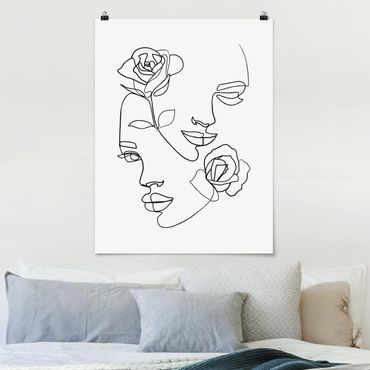 Plakat - Line Art Twarze kobiet Róże czarno-biały