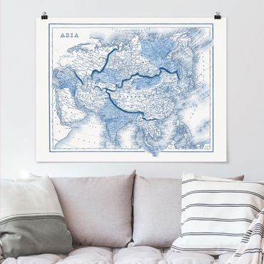 Plakat - Mapa w odcieniach niebieskiego - Azja