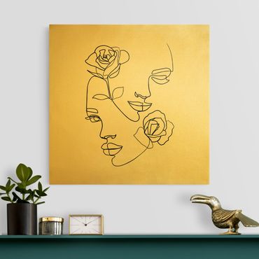 Złoty obraz na płótnie - Line Art Twarze kobiet Róże czarno-biały