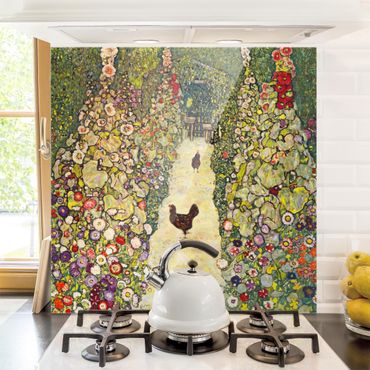 Panel szklany do kuchni - Gustav Klimt - Ścieżka ogrodowa z kurczakami