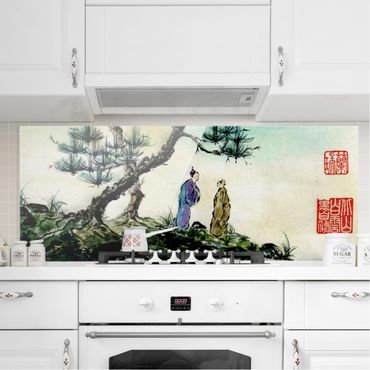 Panel szklany do kuchni - Japońska akwarela Drzewo sosnowe i górska wioska