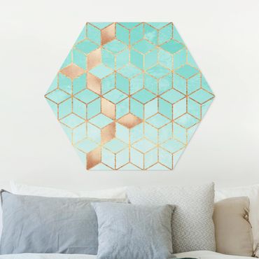 Obraz heksagonalny z Forex - Turkusowo-biała złota geometria