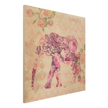 Obraz z drewna - Kolaż w stylu vintage - różowe kwiaty, słoń