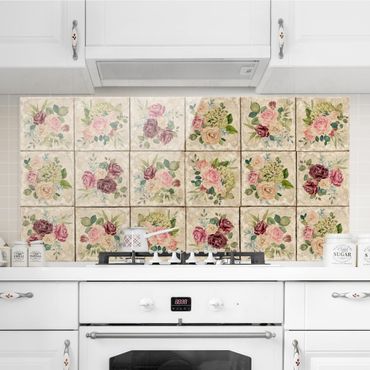 Panel szklany do kuchni - Róże i hortensje w stylu vintage