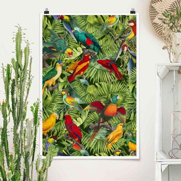 Plakat - Kolorowy kolaż - Papugi w dżungli
