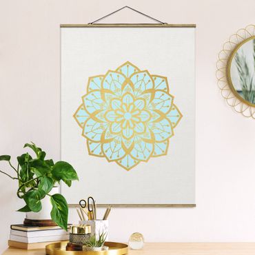 Plakat z wieszakiem - Mandala Ilustracja kwiatowa jasnoniebieski złoty