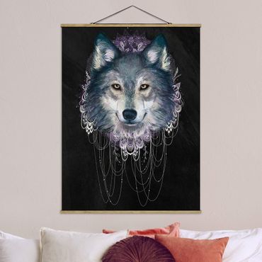 Plakat z wieszakiem - Ilustracja wilka z boho łowcą snów Czarna