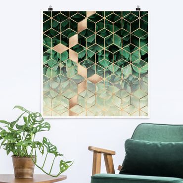 Plakat - Zielone liście złota geometria