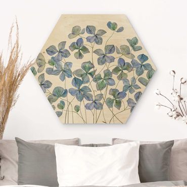 Obraz heksagonalny z drewna - Błękitne kwiaty hortensji