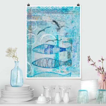 Plakat - Kolorowy kolaż - Niebieskie rybki