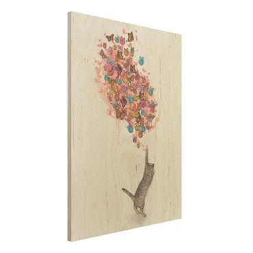 Obraz z drewna - Ilustracja kot z kolorowymi motylami malarstwo