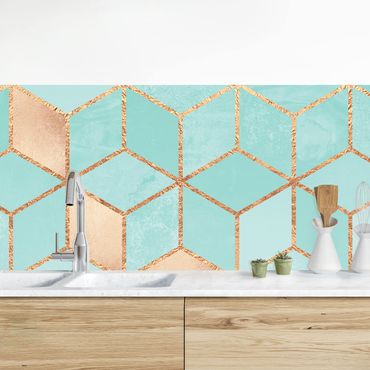 Panel ścienny do kuchni - Turkusowo-biała złota geometria