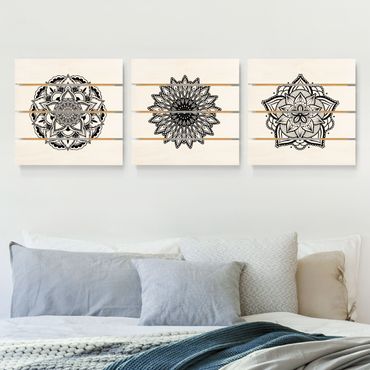 Obraz z drewna 3-częściowy - Mandala Kwiat Słońce Zestaw ilustracji czarno-biały