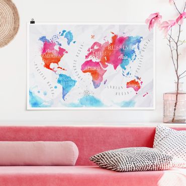 Plakat - Mapa świata akwarela czerwona niebieska