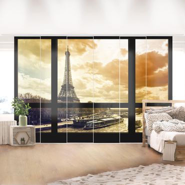 Zasłony panelowe zestaw - Widok z okna - Paryż Wieża Eiffla Zachód słońca