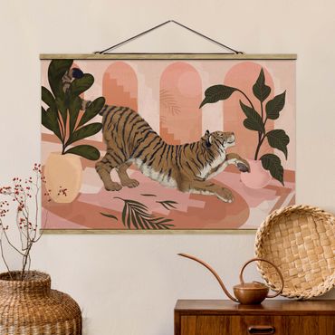 Plakat z wieszakiem - Ilustracja tygrysa w pastelowym różowym malarstwie