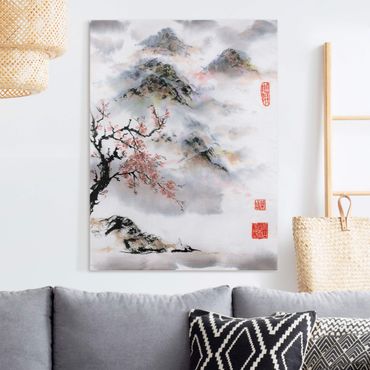 Obraz na płótnie - Japońska akwarela Drzewo wiśniowe i góry