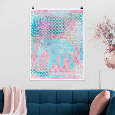 Plakat - Kolorowy kolaż - słoń w kolorze niebieskim i różowym
