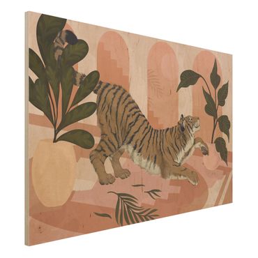 Obraz z drewna - Ilustracja tygrysa w pastelowym różowym malarstwie