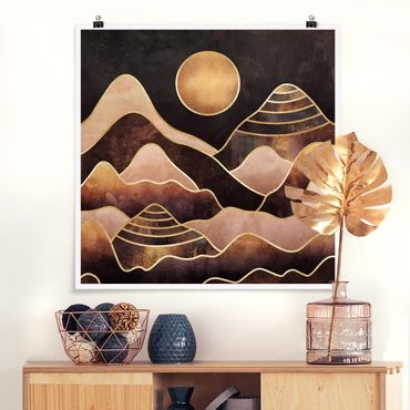 Plakat - Złote słońce abstrakcyjne góry