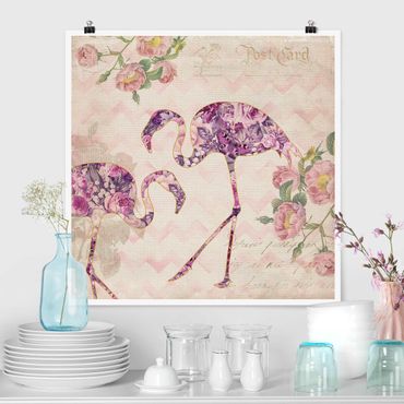 Plakat - Kolaż w stylu vintage - różowe kwiaty, flamingi