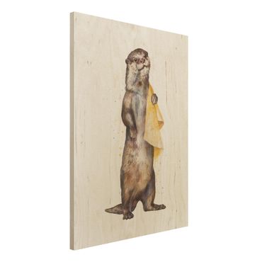 Obraz z drewna - Ilustracja Wydra z ręcznikiem malowana na biało
