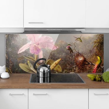 Panel szklany do kuchni - Martin Johnson Heade - Orchidea i trzy kolibry