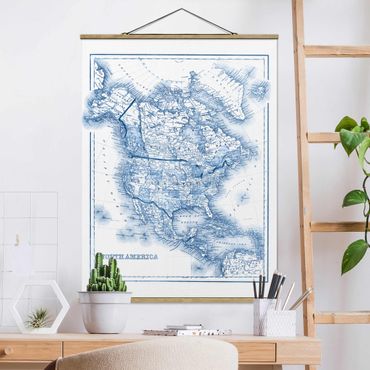 Plakat z wieszakiem - Mapa w odcieniach niebieskiego - Ameryka Północna