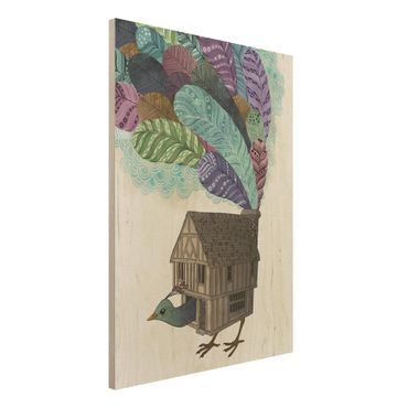 Obraz z drewna - Ilustracja domku dla ptaków z piórami