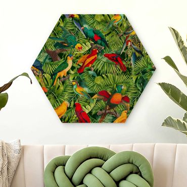 Obraz heksagonalny z drewna - Kolorowy kolaż - Papugi w dżungli