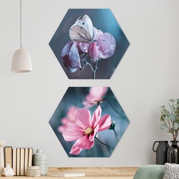 Obraz heksagonalny z Forex 2-częściowy - Motylek i biedronka na kwiatach