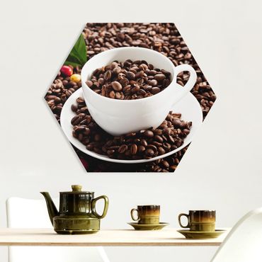 Obraz heksagonalny z Forex - Filiżanka do kawy z palonymi ziarnami kawy