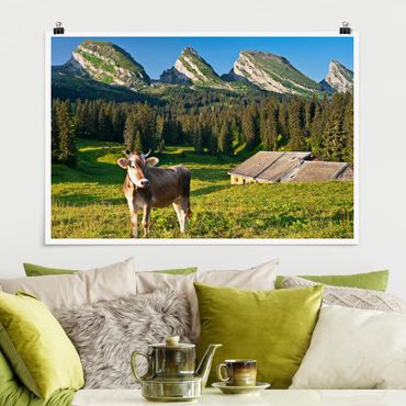 Plakat - Szwajcarska łąka alpejska z krową