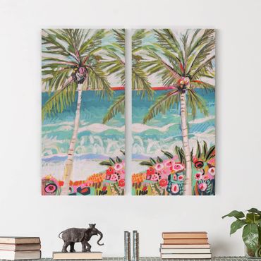 Obraz na płótnie 2-częściowy - Drzewo palmowe z różowymi kwiatami Zestaw I