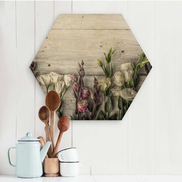 Obraz heksagonalny z drewna - Tulipanowa róża Shabby Wood Look