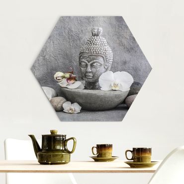 Obraz heksagonalny z Alu-Dibond - Budda Zen, orchidee i kamienie